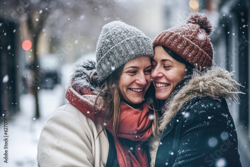 Lesbian couple on a winter day, wearing warm clothes - smiling happy, snow falling around, their faces together, intimate candid moment. Generative AI