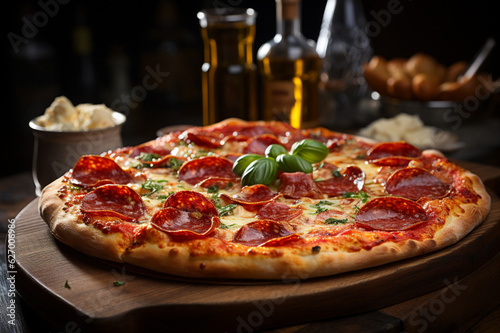 Pepperoni pizza in an Italian restaurant. Close-up. Illustration Generative AI