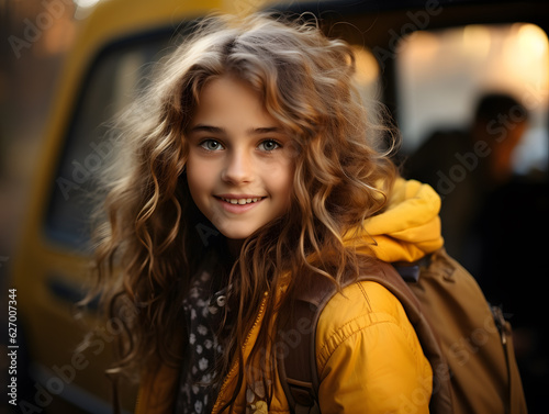 Cute girl going to elementary school standing in front of the school bus, looking at camera