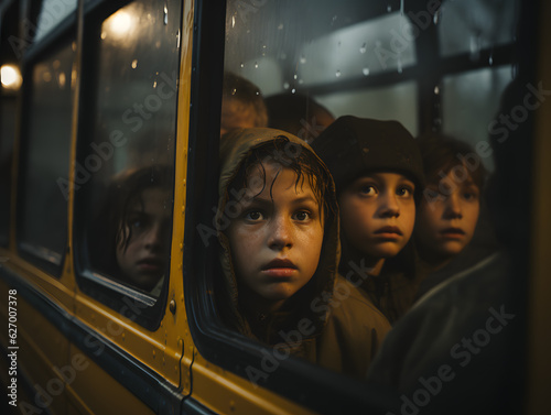 A group of scared elementary school students inside a school bus, looking outside