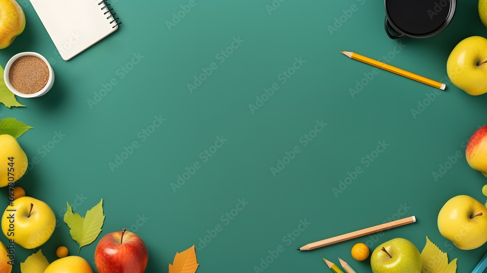 Colored pencil and fruit background with copy space