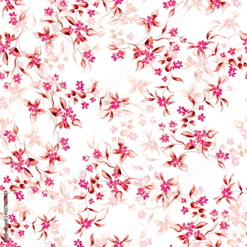 Watercolor flowers pattern, pink tropical elements, red leaves, white background, seamless