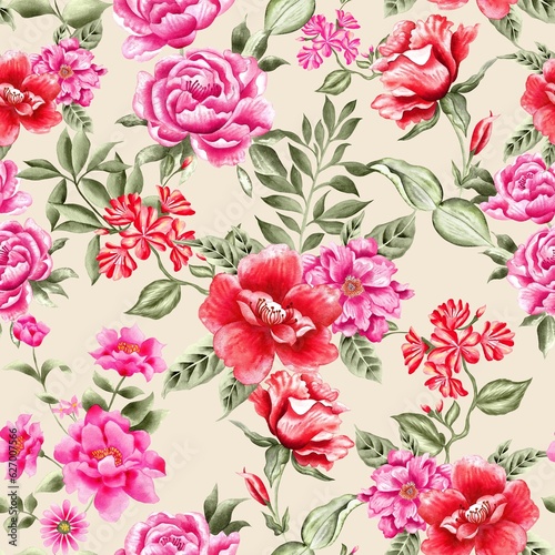 Watercolor flowers pattern, red and pink tropical elements, green leaves, gold background, seamless