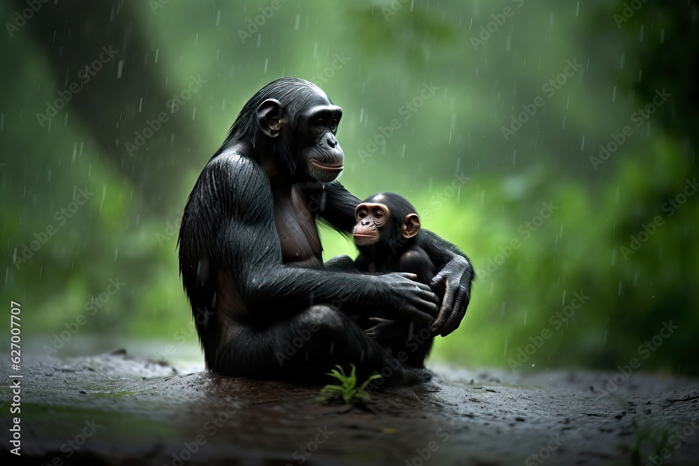 Affectionate portrait of bonobo pygmy chimpanzee with her baby a rainny day in the forest. Incredible African wildlife. generative AI