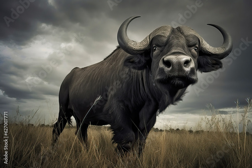 Stunning wild african buffalo in the savanna. Amazing African wildlife. Generative Ai © Shootdiem