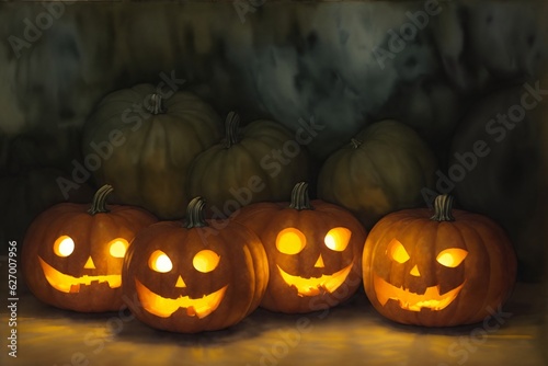 A Group Of Carved Pumpkins Sitting Next To Each Other