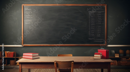Empty classroom and blackboard with table and chairs