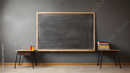 Empty classroom and blackboard, with desks and chairs