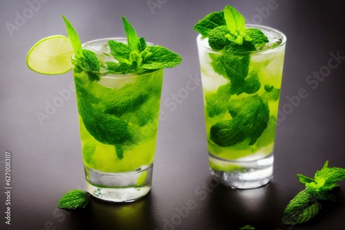 A Couple Of Glasses Filled With Green Drinks