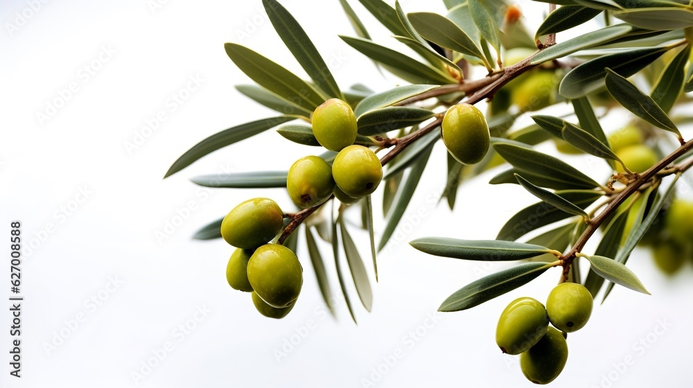 Close-up of an olive tree branch on a white background. Generative AI