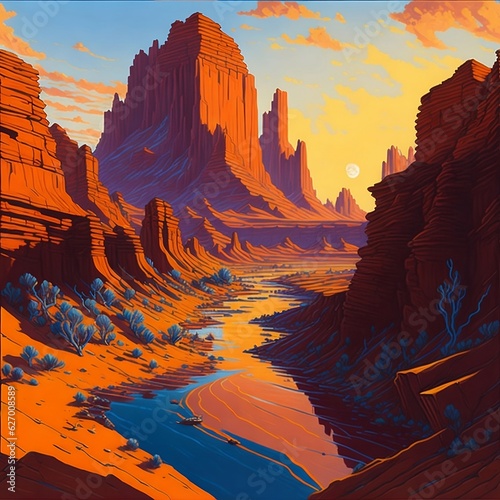 An awe-inspiring American Southwest desert, with towering sandstone formations, a winding river carving through the rugged canyons, and a blazing sun setting the sky ablaze with warm colors, Painting,