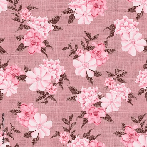 Watercolor flowers pattern  pink romantic roses  green leaves  pink background  seamless