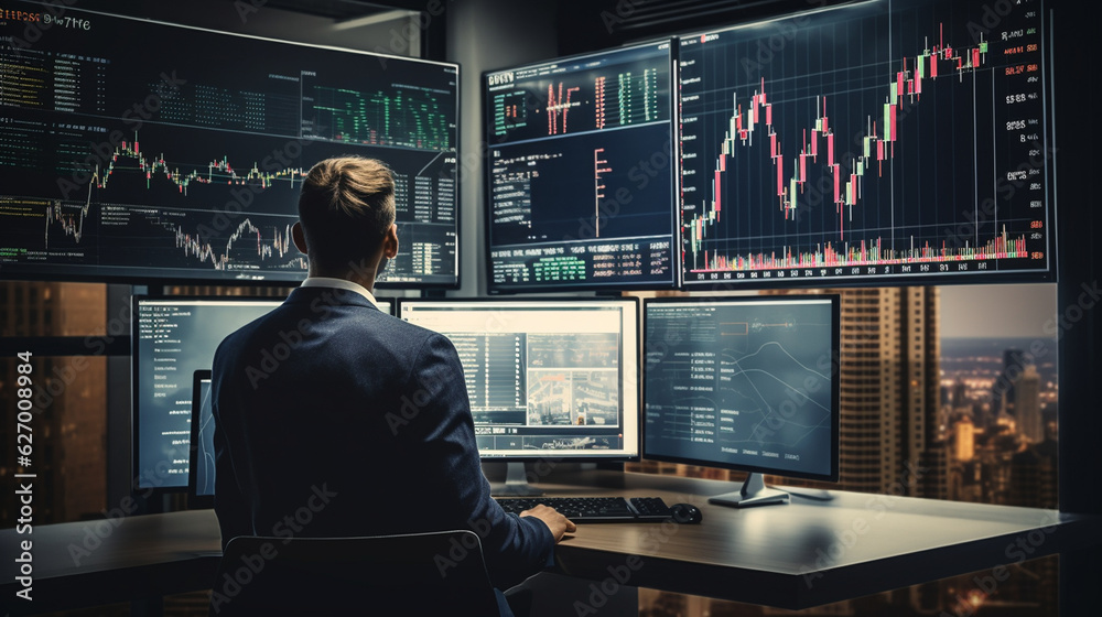 A focused male trader wearing a tailored suit, analyzing a dynamic candlestick chart of a fast-moving stock on the monitor. Generative AI A focused male trader wearing a tailored suit, analyzing a dynamic candlestick chart of a fast-moving stock on the monitor. Generative AI