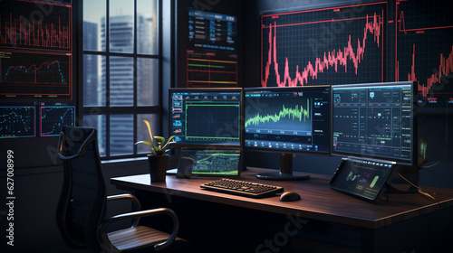 The trader's immersive workstation with holographic price charts projected around, creating an environment of advanced data analysis. Generative AI