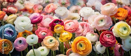 A captivating photography of a field of ranunculus flowers with negative copy space, showcasing the intricate and multi-colored petals. Floral wallpaper, card, wedding, backgrounds. Generative AI. 