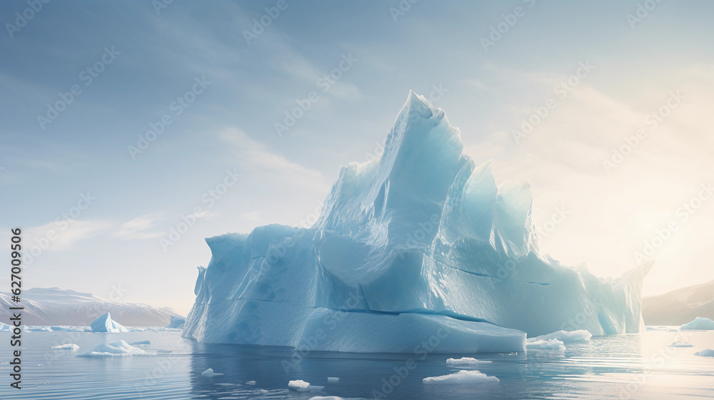  close - up of a large iceberg, glistening in the soft afternoon light, highlighting the blues and whites of the ice, shadows and texture
