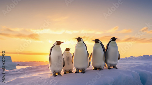 group of Emperor penguins on a snowy landscape  huddling for warmth  white and blue hues dominating  the sun setting in the background casting long shadows