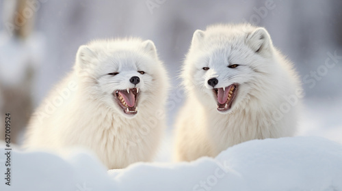 pair of Arctic foxes in their winter coat, captured mid - play, white snowy background