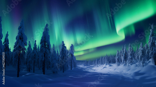  northern lights, aurora borealis, display over a frozen landscape, pine trees in the foreground, vibrant colors, magical night © Marco Attano