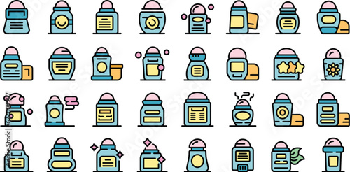 Roll-on deodorant icons set outline vector. Fashion spa. Face skin thin line color flat on white