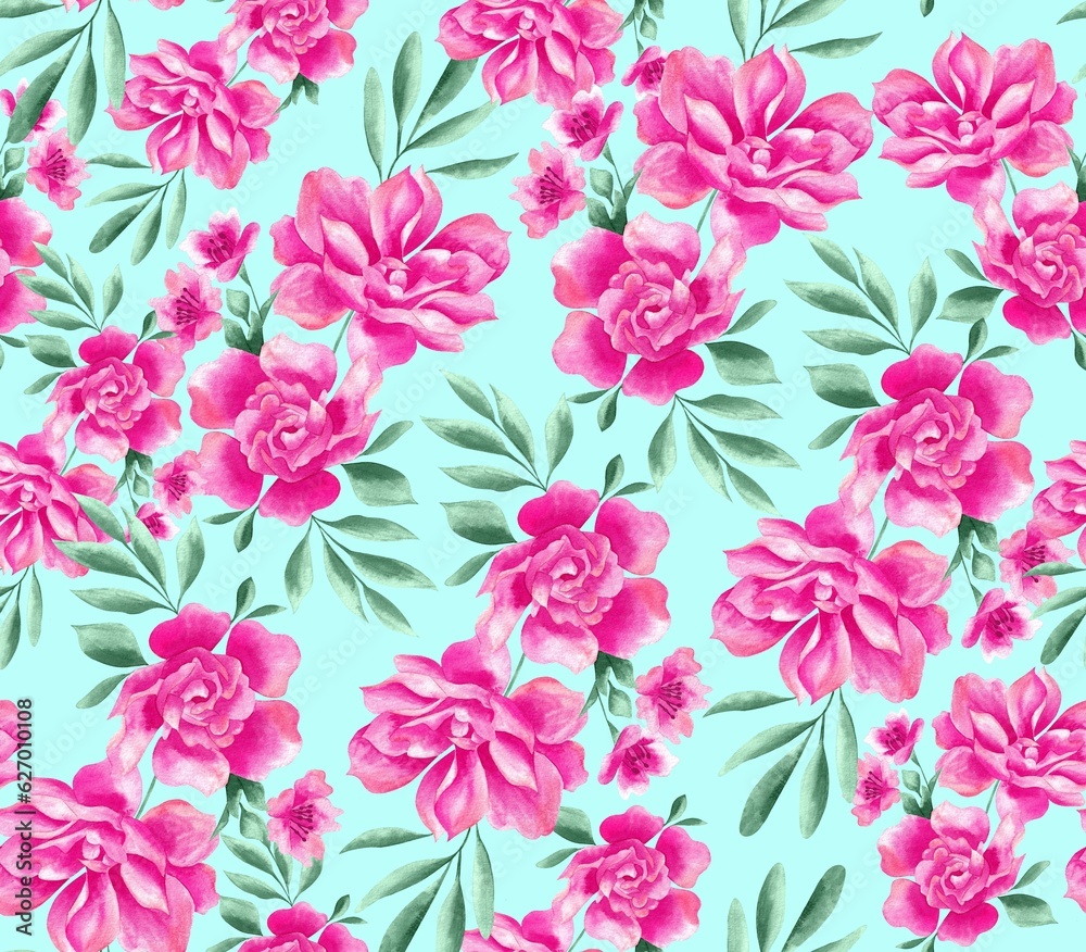 Watercolor flowers pattern, pink tropical elements, green leaves, blue background, seamless