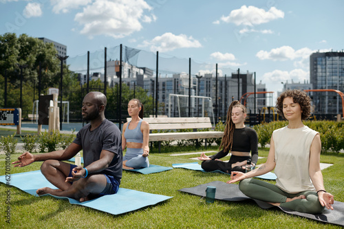 Group of young intercultural people practicing yoga exercise on mats while sitting in pose of lotus on green lawn on summer day and meditating