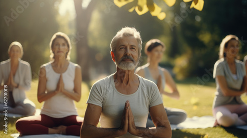 Senior man with gray hair and beard practicing yoga outdoors with group in a park, green summer background, morning light, yoga instructor, photo created with generative,ai photo