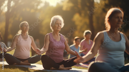 Group of elderly people doing yoga in group in the park, yoga and meditation class outdoors, 70 years old senior woman sitting in lotus pose, realistic photo created with generative AI