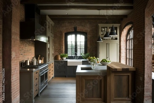 Rustic-modern kitchen w/ brick walls, wood beams, island sink. Generative AI
