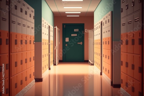 Inside school corridor with lockers and doors. Generative AI