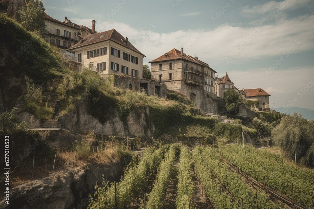 Chexbres settlement by Lake Geneva in Lausanne's Lavaux vineyard terrace area, Switzerland. Generative AI