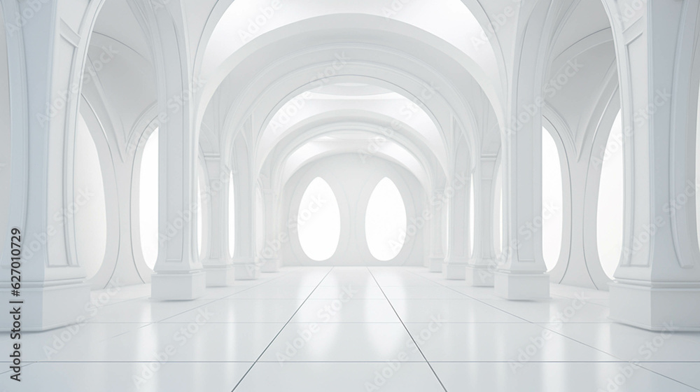 White Ultra minimalistic and futuristic architecture indoor background. Concept of the exhibition. Generative AI.