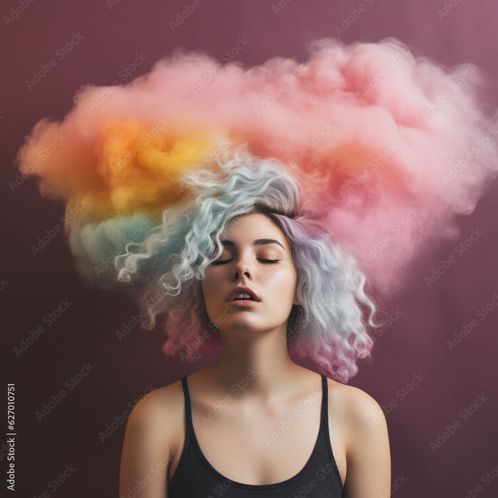 Young woman with a colorful cloud on her head. Concept of creative mind and ideas. Generative AI.