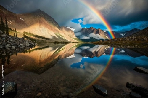 Rainbow over mountain lake with reflection and range in background. Generative AI