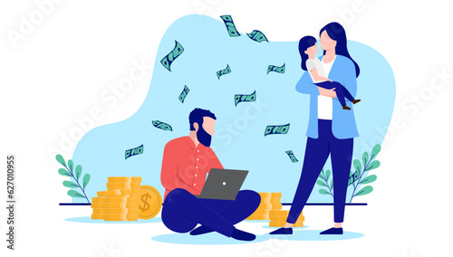 Man providing for family - Male person sitting with computer working, investing and making money to support wife and kid. Flat design vector illustration with white background
