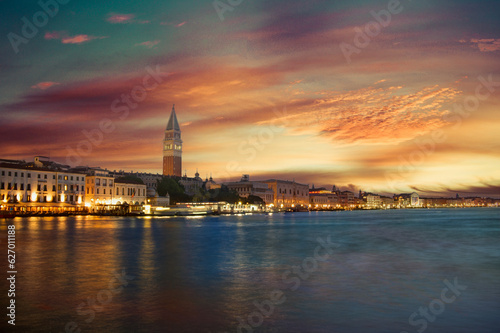 An evening view of Venice looking at Piazza San Marco with a dramatic sky.