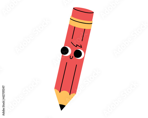 Hand drawn cute illustration school pencil character with smiling face. Flat vector college stationery with rubber in colored doodle style. Education or study sticker, icon. Back to school. Isolated.