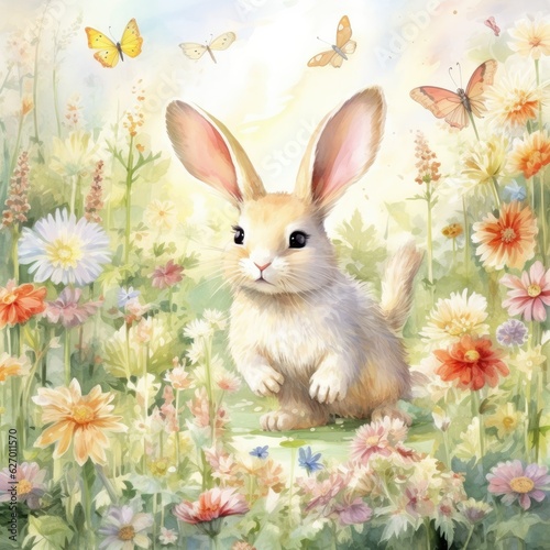  An illustration of a watercolor bunny artwork in a whimsical garden setting Generative AI Digital Illustration