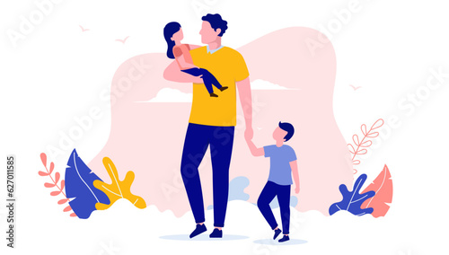 Dad with two kids - Vector illustration of father with children outdoors. Flat design with white background