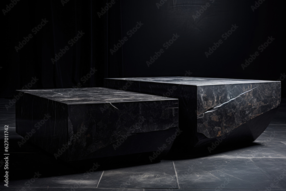 Wall with stage for product display on dark background. Dark stone podium, minimalism style.