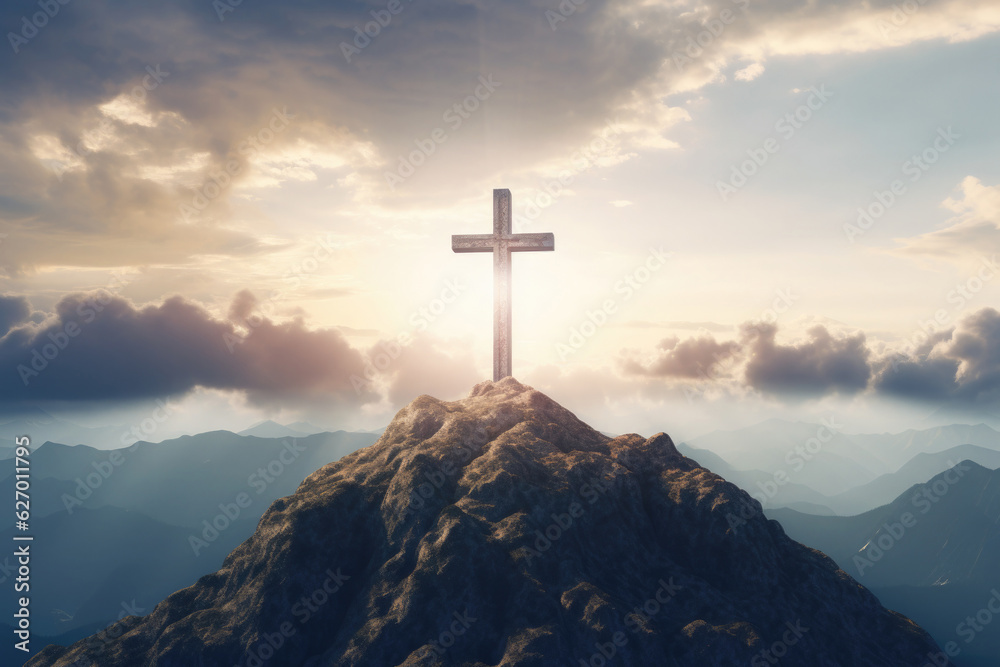Concept of faith in God. Silhouette of a religious cross on hill in clouds. Hope for salvation, request for help to heaven Concept of faith in God. Silhouette of a religious cross on hill in clouds. Hope for salvation, request for help to heaven