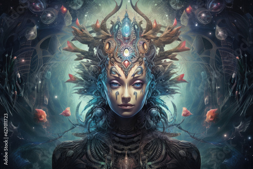 Portrait of female terrible deity with horns. Fantasy and mythology person