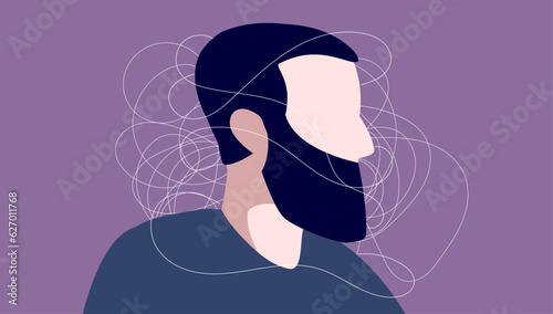 Brain fog man - Mental health vector illustration of person suffering from burnout and depression. Flat design vector illustration
