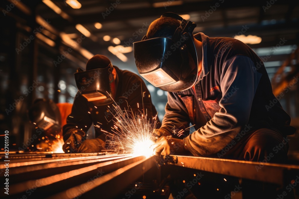 Sparks flying as welders work on metal fabrication in a heavy industrial setting. Generative AI