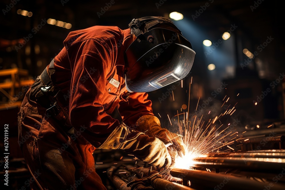 Sparks flying as welders work on metal fabrication in a heavy industrial setting. Generative AI Sparks flying as welders work on metal fabrication in a heavy industrial setting. Generative AI