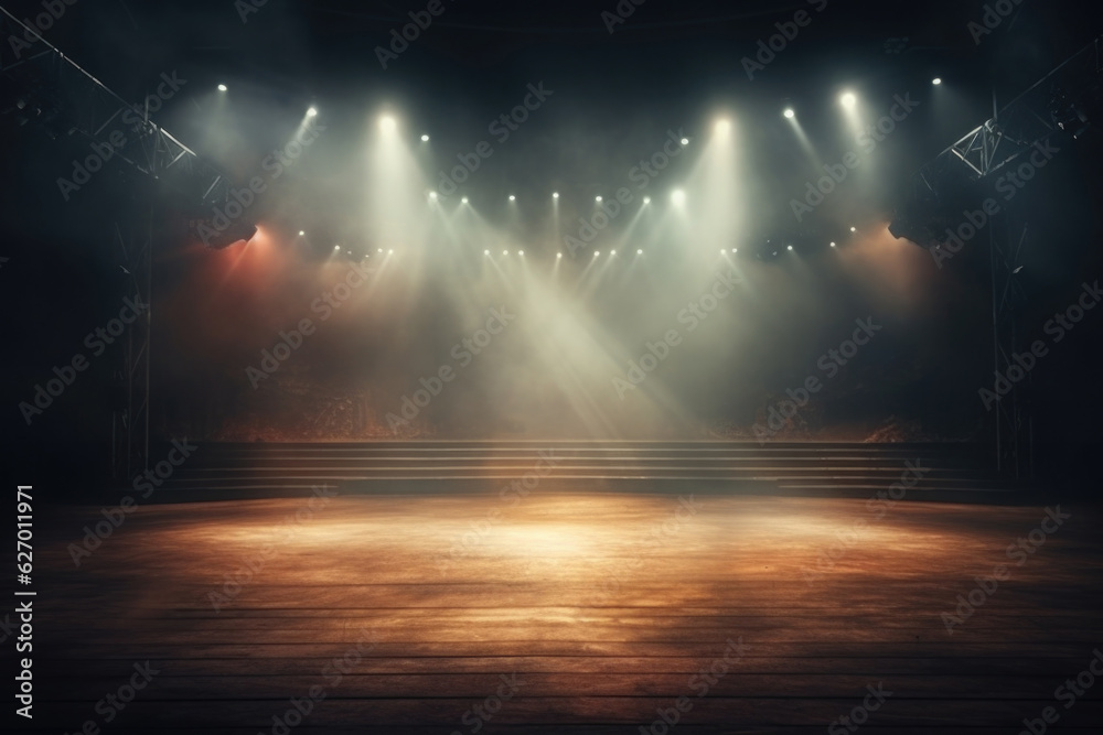 Empty concert stage with illuminated spotlights and smoke. Stage background with copy space - obrazy, fototapety, plakaty 
