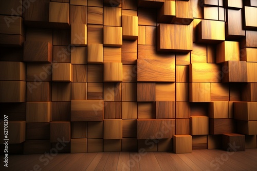 Rectangular wall made of wooden tiles on a natural, softly shining background of 3D blocks (rendered). Generative AI