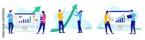 Business growth vector collection - Set of illustration with businesspeople looking at rising graphs and green arrow showing profits and success. Flat design with white background
