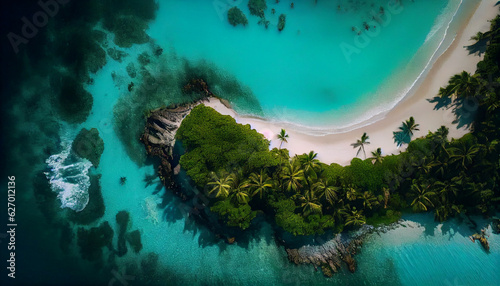 An idyllic drone view of a tropical island, surrounded by crystal-clear turquoise waters, white sandy beaches stretching along the coastline,
Created using generative AI tools