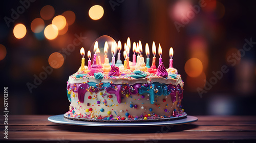 Birthday cake with candles  bright lights bokeh. Generative Ai